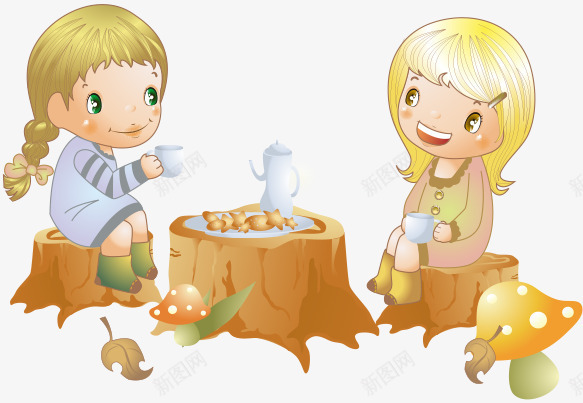 喝茶的女士png免抠素材_新图网 https://ixintu.com 女孩 木桩 矢量卡通 落叶 蘑菇 金发