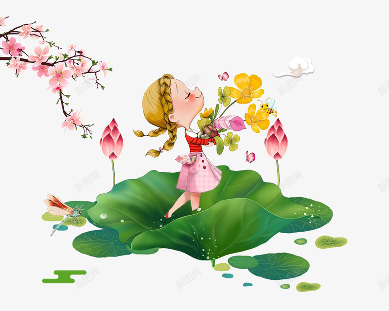卡通手绘荷叶上的女孩psd免抠素材_新图网 https://ixintu.com 卡通 手绘 拿着花朵的女孩 梅花装饰 荷叶上的女孩 荷花装饰