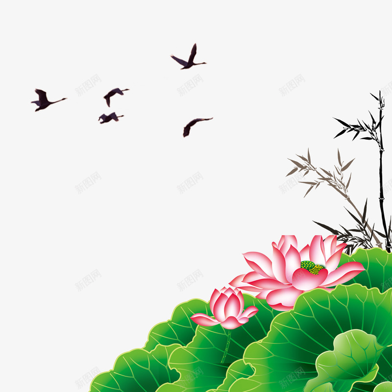 荷花竹子png免抠素材_新图网 https://ixintu.com 中国风 小鸟 竹子 荷叶 荷花