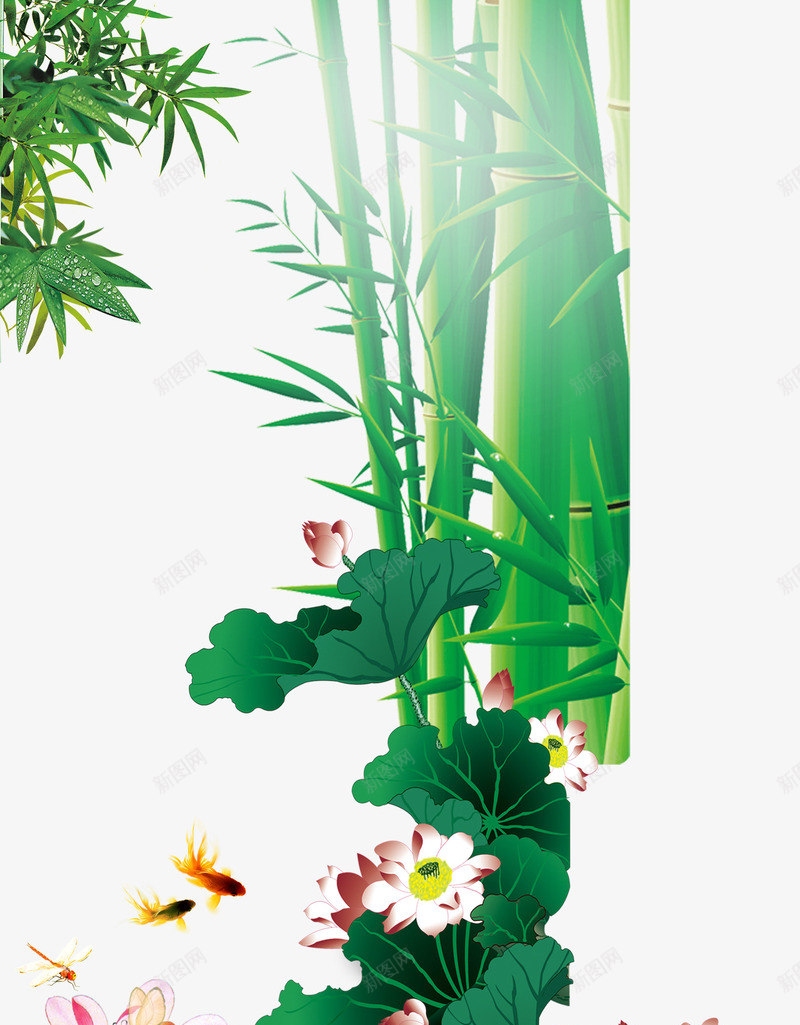中国风荷花竹子png免抠素材_新图网 https://ixintu.com 传统花卉 古典 绘画 花中君子