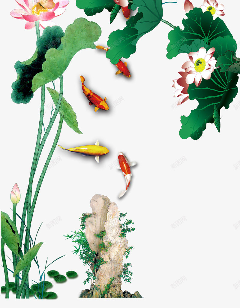 中国风荷花竹子png免抠素材_新图网 https://ixintu.com 传统花卉 古典 绘画 花中君子