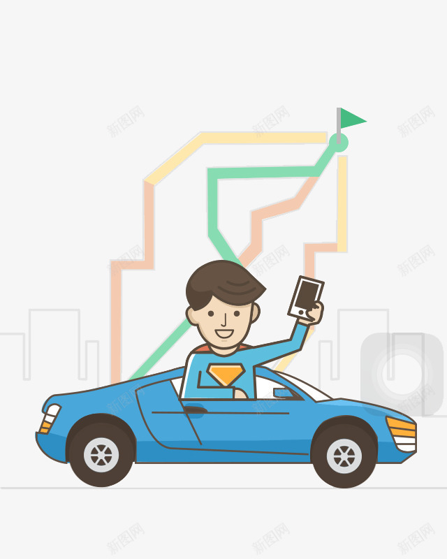 手绘导航元素png免抠素材_新图网 https://ixintu.com APP地图导航元素 交通工具 地图 导航 手绘 汽车 男孩 路线