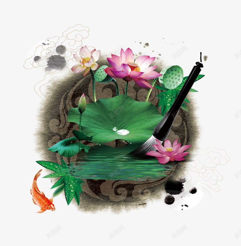 墨迹荷花毛笔中国风psd免抠素材_新图网 https://ixintu.com 中国风 墨迹 毛笔 绿色 艺术 荷叶 荷花 鲤鱼