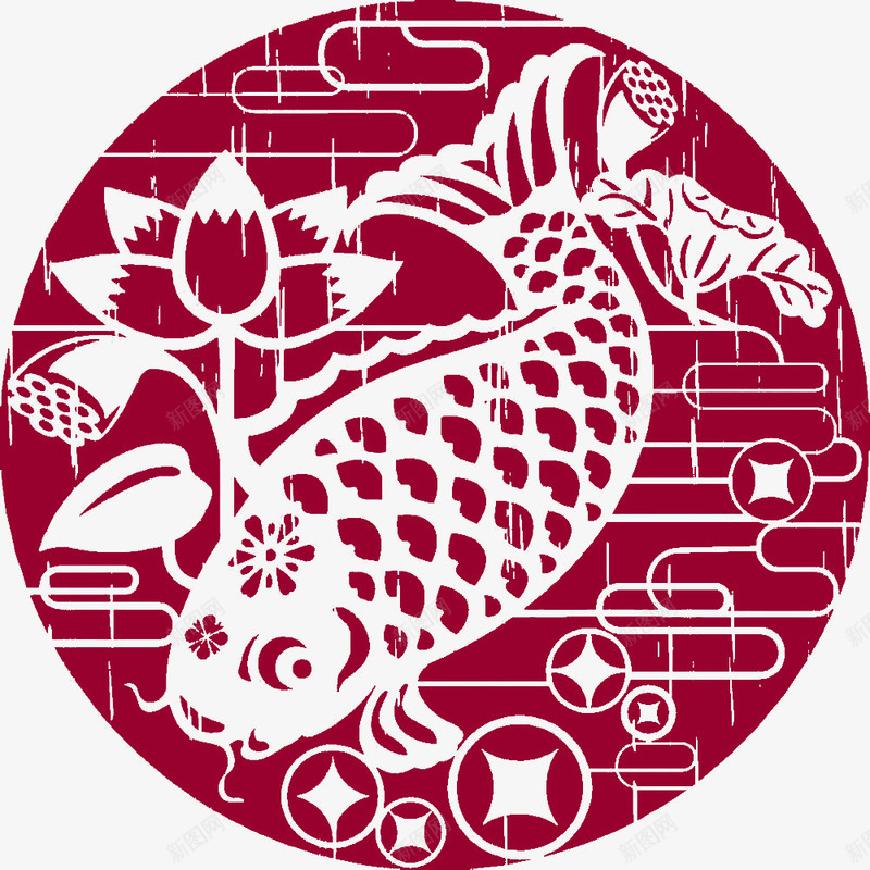 红色鲤鱼剪纸png免抠素材_新图网 https://ixintu.com 剪纸 窗花 红色 荷花 鱼