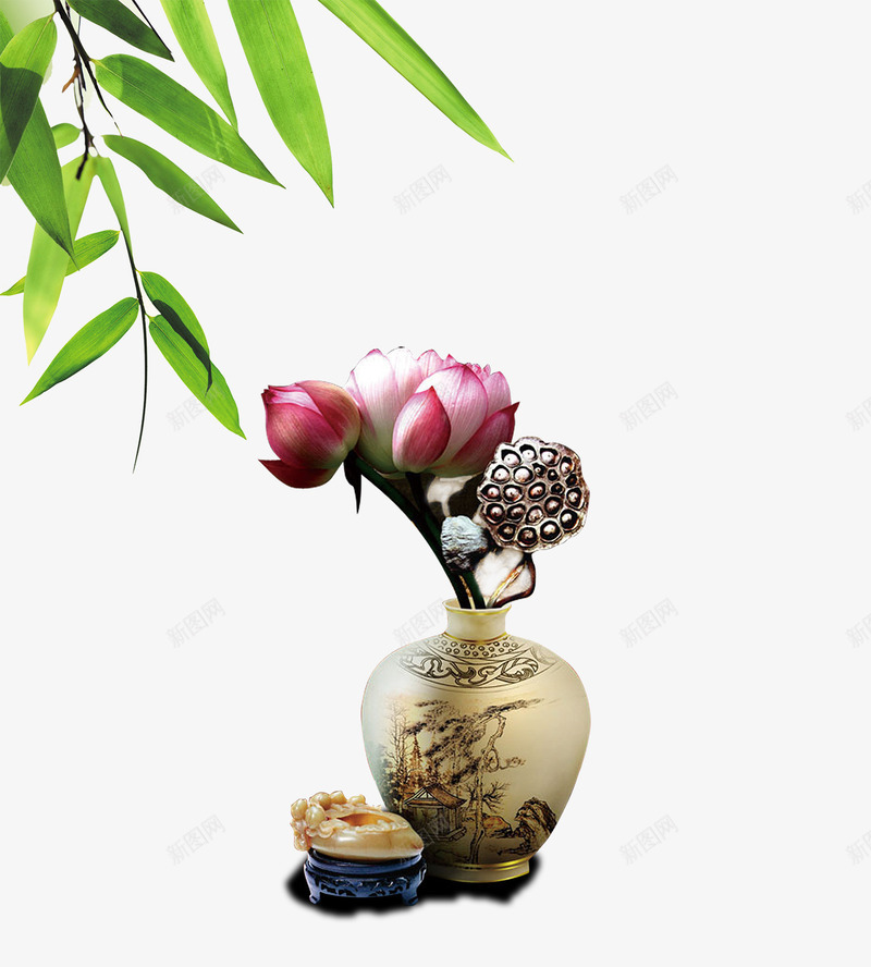 荷花花瓶美景背景psd免抠素材_新图网 https://ixintu.com png图片素材 免费png素材 竹叶 花瓶 荷花