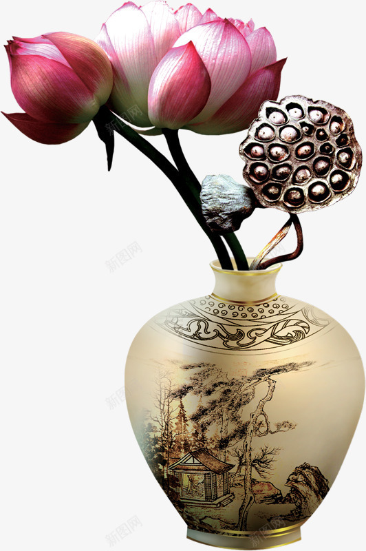 瓷瓶荷花莲子png免抠素材_新图网 https://ixintu.com 瓷瓶 荷花 莲子