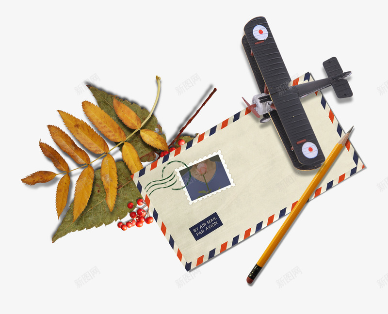 文艺小物品png免抠素材_新图网 https://ixintu.com 信封 树叶 铅笔 飞机模型