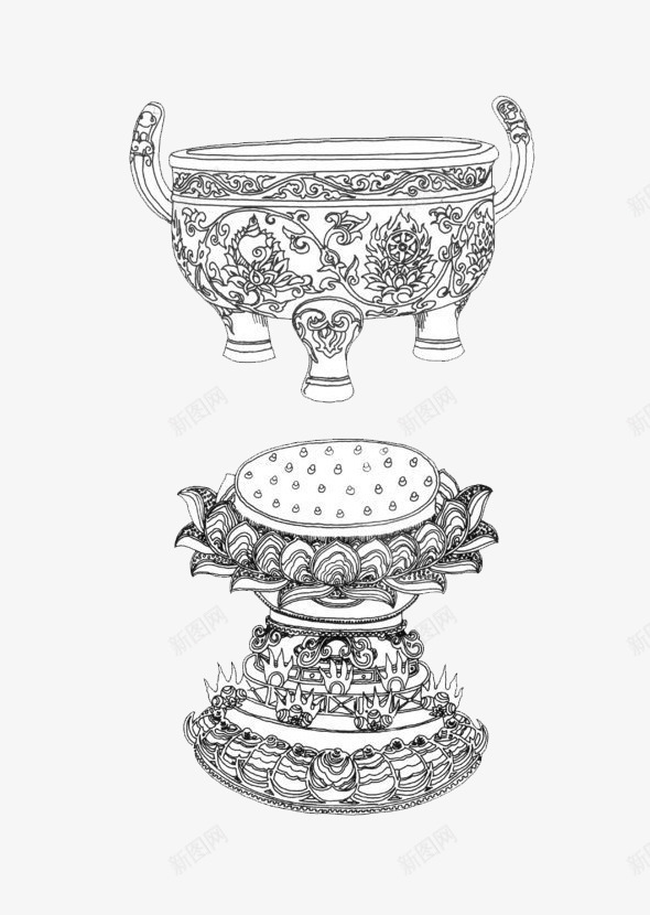 莲花座黑白线稿png免抠素材_新图网 https://ixintu.com 古代 器皿 图案 线稿 花纹 莲座 莲花座 莲花造型 黑白