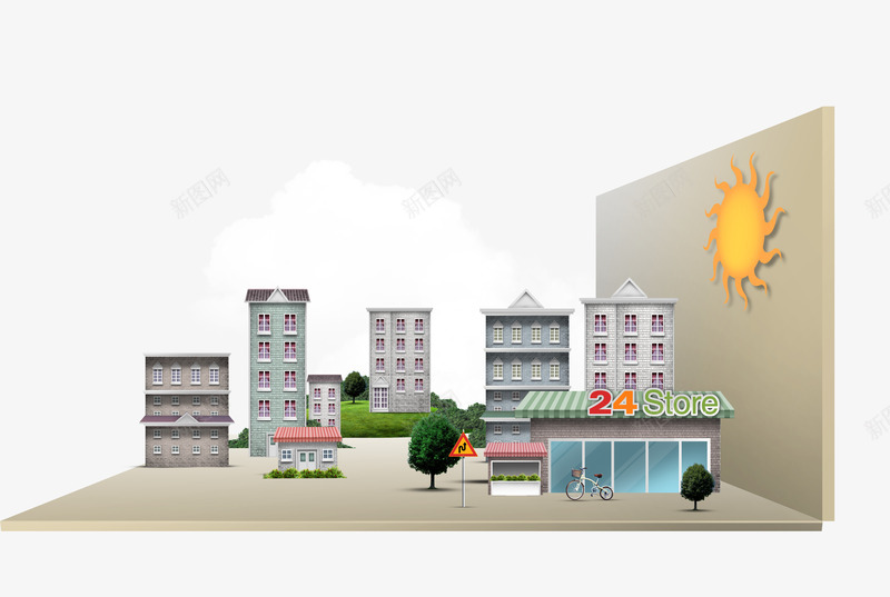 纸上城市模型png免抠素材_新图网 https://ixintu.com 商业街 城市 折纸 模型