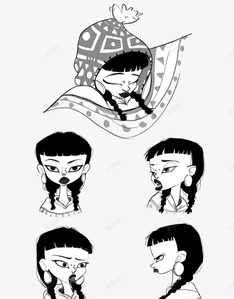 手绘黑白线条人物png免抠素材_新图网 https://ixintu.com 创意设计 卡通设计