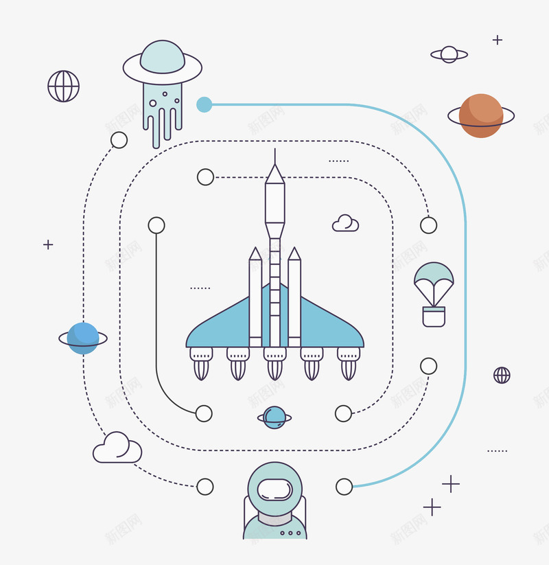 四边形环绕模型png免抠素材_新图网 https://ixintu.com 卡通 圆角 手绘 星球 科技 简约 降落伞 青色