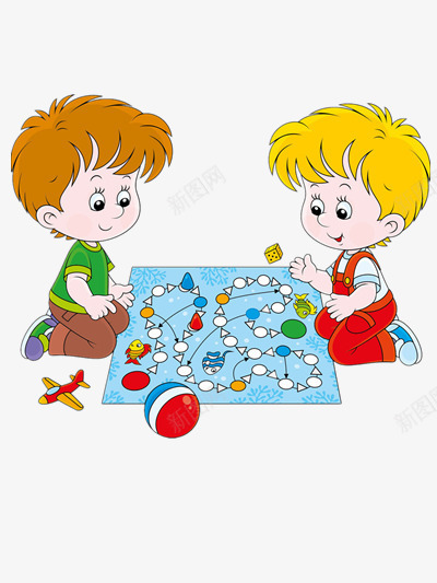 两小孩玩棋png免抠素材_新图网 https://ixintu.com 俩小人 双胞胎 蓝色 飞机模型 黄色