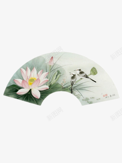 手绘荷花折扇png免抠素材_新图网 https://ixintu.com 中国风 手绘 折扇 荷花
