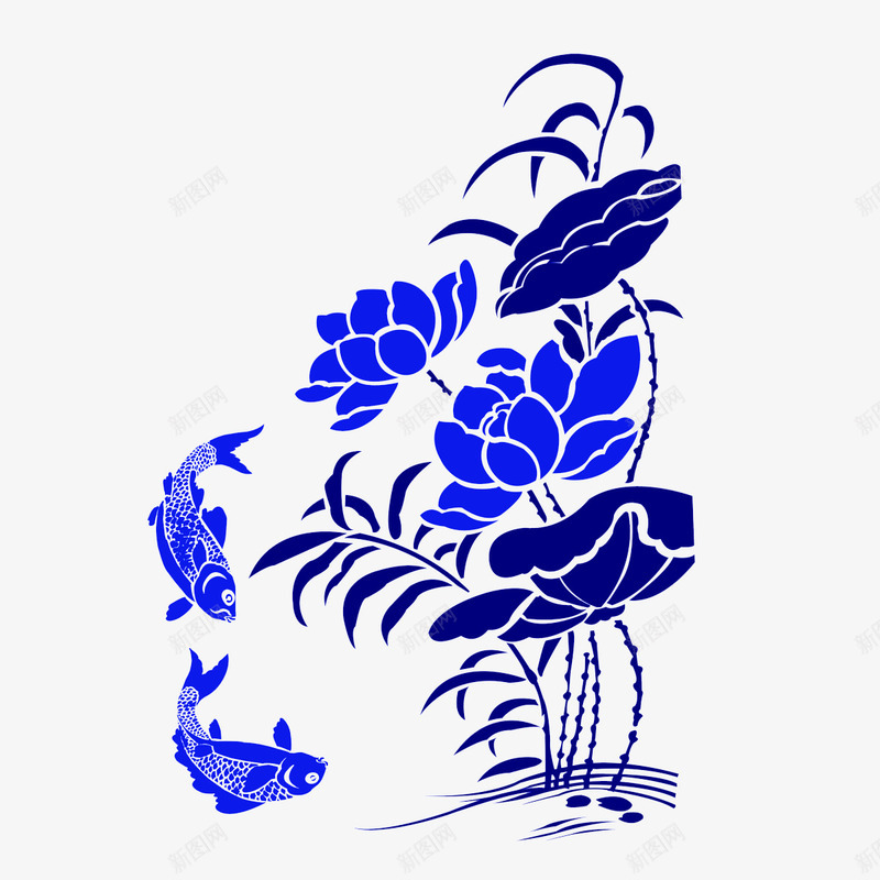 蓝色手绘鱼纹png免抠素材_新图网 https://ixintu.com 年年有余 池塘 荷花 蓝色手绘花朵 鱼 鲤鱼 鲤鱼素材