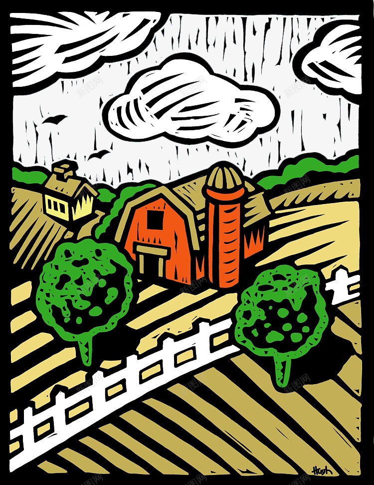 装饰画农田农地插画png免抠素材_新图网 https://ixintu.com 农地插画 农田插画 天空 房子与树 版画 装饰画