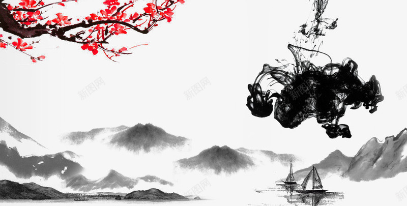 复古水墨画png免抠素材_新图网 https://ixintu.com 墨圈 墨点 水墨画背景 画圈 荷花 龙
