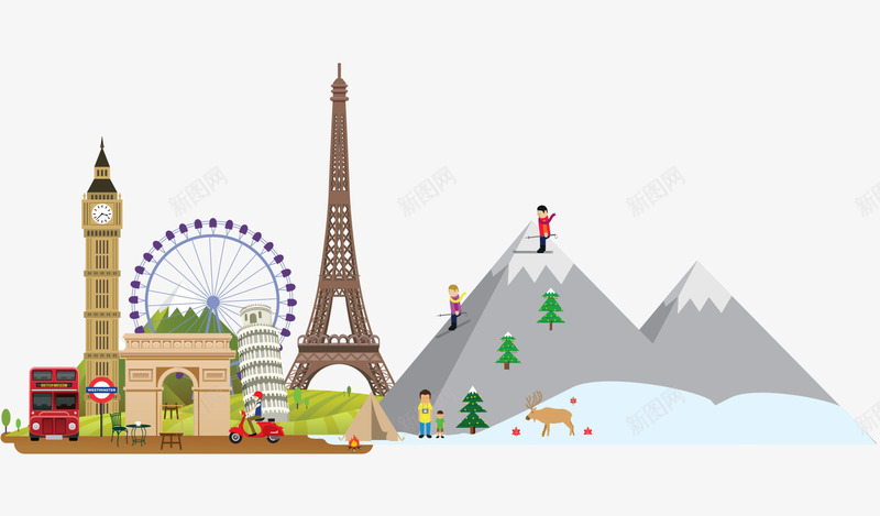 卡通旅游小镇png免抠素材_新图网 https://ixintu.com 世界地标 卡通 旅行 景点