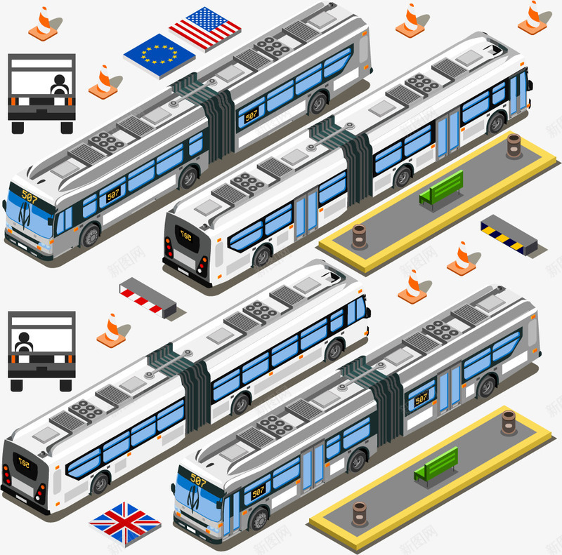 汽车站站台矢量图ai免抠素材_新图网 https://ixintu.com 国旗 广告牌 汽车 站台 长途汽车 障碍物 矢量图