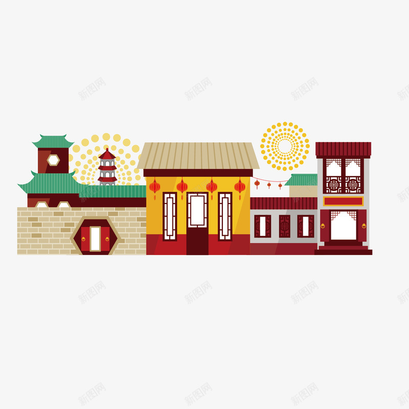 黄色烟花的建筑手绘矢量图ai免抠素材_新图网 https://ixintu.com 个性 中国风建筑 传统建筑 创意 手绘矢量 烟花 简约插图 美丽 矢量图