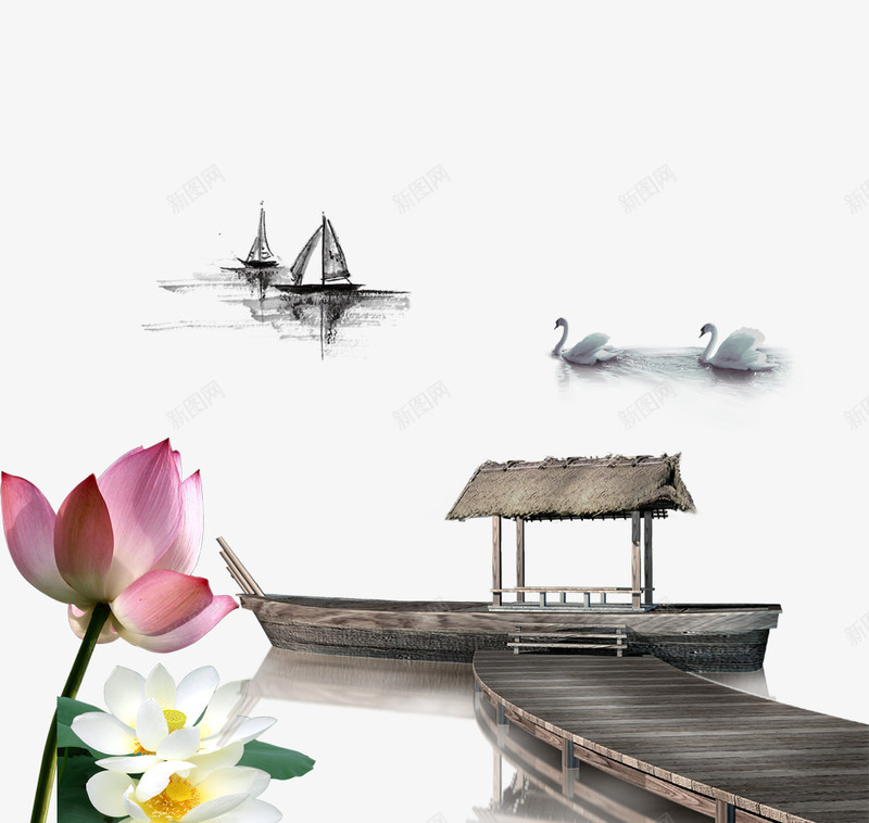 中国风png免抠素材_新图网 https://ixintu.com 中国风 书法 亭子 天鹅 海报 网页 船 荷花
