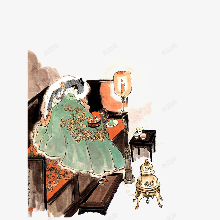 中国风水墨插画晴雯补孔雀裘png免抠素材_新图网 https://ixintu.com 中国风 孔雀裘 手绘香炉 插画 晴雯 水墨 灯笼 红楼梦 香炉