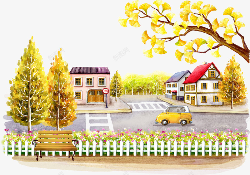 汽车和房屋psd免抠素材_新图网 https://ixintu.com 别墅 卡通风景画 房屋 水彩风景 水彩风景画 汽车 连排别墅