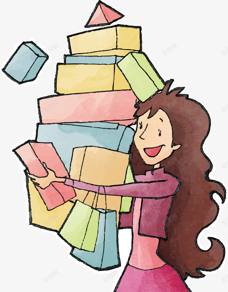 双十一购物矢量图图标ai_新图网 https://ixintu.com 卡通女孩 彩色底纹 扁平化 手绘图 矢量图标 礼盒 矢量图