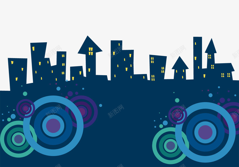 静寂的夜png免抠素材_新图网 https://ixintu.com 圆圈 房子 灯光 高楼 黑夜
