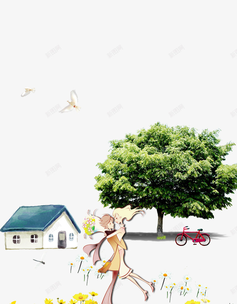 爱在大自然psdpng免抠素材_新图网 https://ixintu.com psd 唯美 天空 天蓝色 情人 房子 树木 爱在大自然免费下载 青色 鸟儿