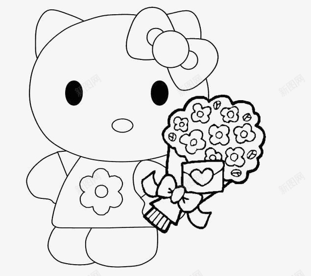 拿着花的小猫png免抠素材_新图网 https://ixintu.com 卡通 手绘 蝴蝶结 黑白
