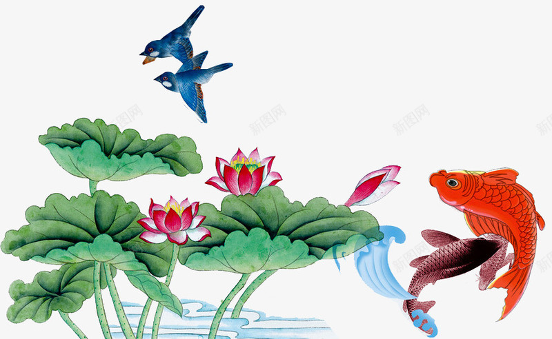 荷花荷叶鱼png免抠素材_新图网 https://ixintu.com 金鱼 鱼 鱼跃龙门 鲤鱼 鲤鱼跳龙门