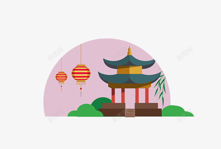 中国分元素png免抠素材_新图网 https://ixintu.com 中秋节元素 手绘凉亭 灯笼 草地
