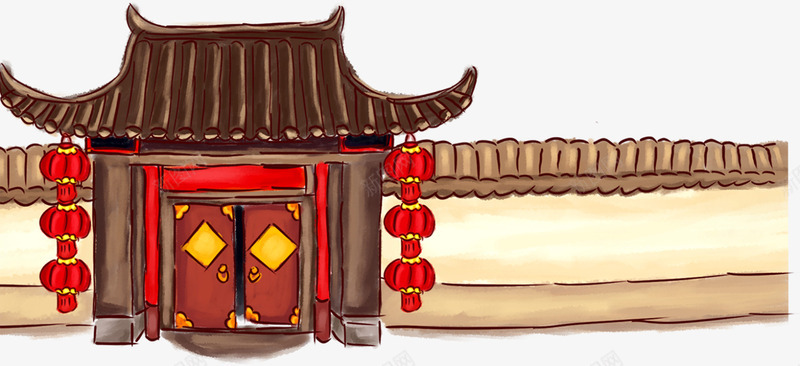 新年古典建筑大门png免抠素材_新图网 https://ixintu.com 古典建筑 建筑大门 新年 棕色大门 灯笼挂饰 红色灯笼