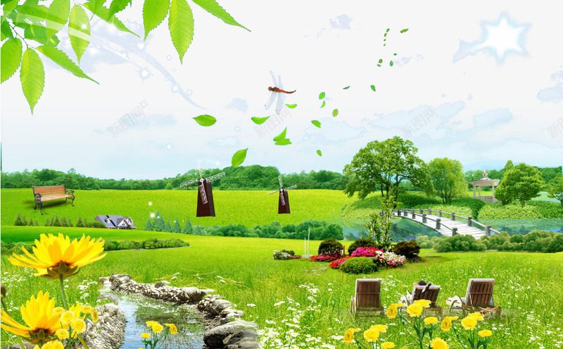 小花蜻蜓绿叶png免抠素材_新图网 https://ixintu.com 天空 小树 花朵 草地 蓝天绿地 蜻蜓