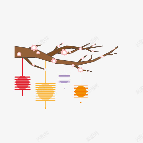 中国风树枝上的灯笼png免抠素材_新图网 https://ixintu.com 中国风 卡通手绘 古风 树枝 梅花 水彩 灯笼 粉色