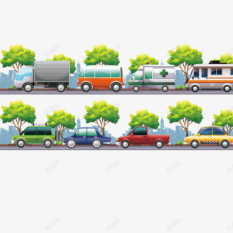 大堵车矢量图ai免抠素材_新图网 https://ixintu.com 公路 塞车 植物 汽车 皮卡车 矢量图