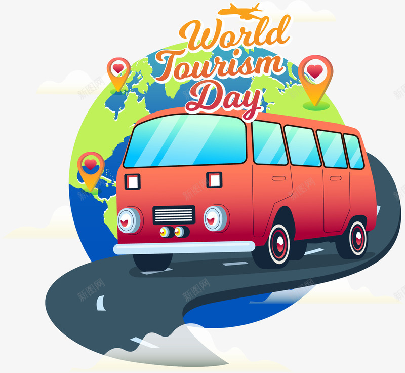 手绘旅游日矢量图ai免抠素材_新图网 https://ixintu.com 出行 地球 坐标 大巴车 定位 手绘 旅游日 道路 矢量图