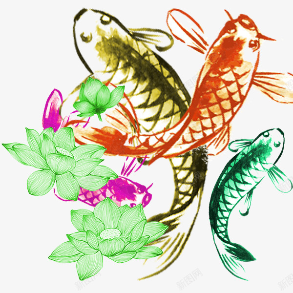 手绘美丽四色锦鲤psd免抠素材_新图网 https://ixintu.com 四色锦鲤 手绘 手绘荷花 美丽 草鱼 荷花 金鱼 鲤鱼
