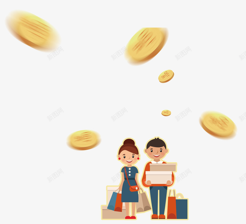 购物卡通人物psd分层图png免抠素材_新图网 https://ixintu.com 扫货狂欢 新年特惠 新春狂欢购 欢度春节 购物卡通人物 金币