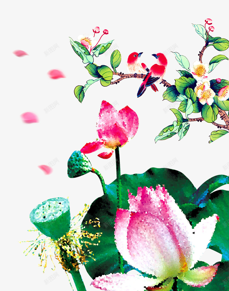 荷花叶子背景png免抠素材_新图网 https://ixintu.com png图片素材 免费png素材 叶子 小鸟 树枝 花瓣 荷花