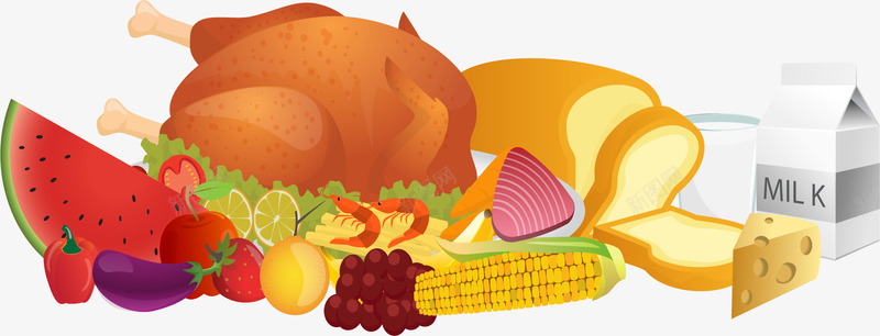 合理膳食横幅介绍矢量图eps免抠素材_新图网 https://ixintu.com 健康搭配 合理膳食 牛奶 玉米 矢量素材 营养 蛋白质 面包 矢量图