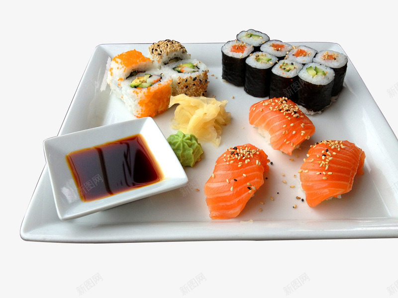 美味的寿司png免抠素材_新图网 https://ixintu.com 三文鱼 寿司 方形餐盘 日本料理 樱花卷 蘸料