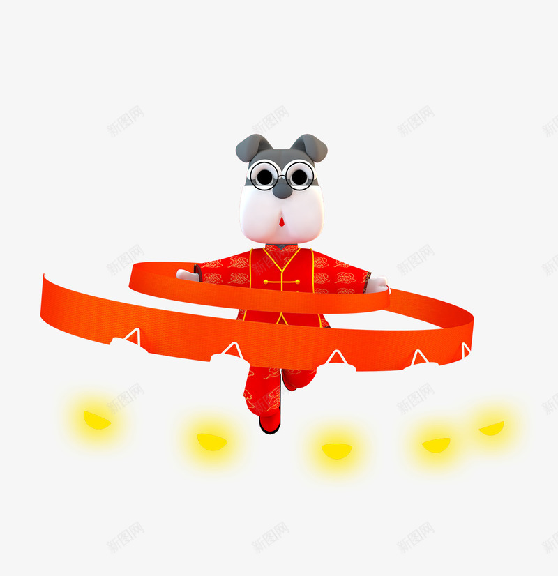 卡通舞丝绸的生肖狗png免抠素材_新图网 https://ixintu.com 丝绸 新年 春节 狗年 生肖狗 红色 节日 跳舞 黄色