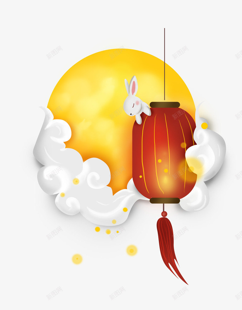 月亮上的玉兔和灯笼png免抠素材_新图网 https://ixintu.com 月亮 灯笼 玉兔 祥云