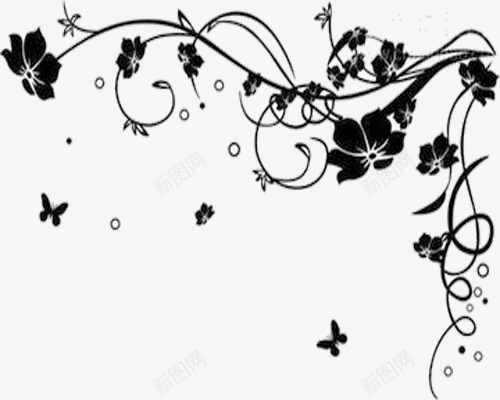 花边黑白稿png免抠素材_新图网 https://ixintu.com 优雅 小蝴蝶 抽象 花藤 黑白