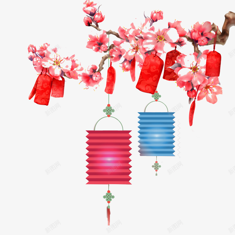 梅花树枝灯笼装饰psd免抠素材_新图网 https://ixintu.com 两个灯笼 免抠树枝 树枝灯笼装饰 梅花 粉色花朵