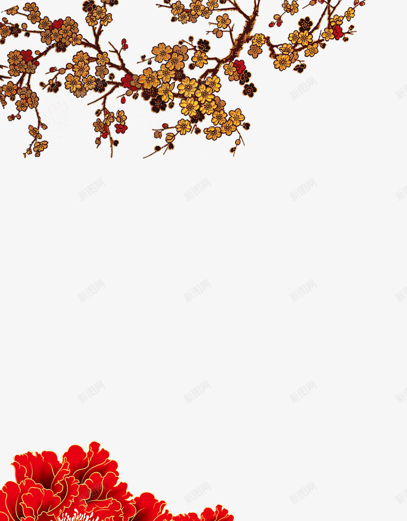 梅花牡丹png免抠素材_新图网 https://ixintu.com 梅花 牡丹 花 金色