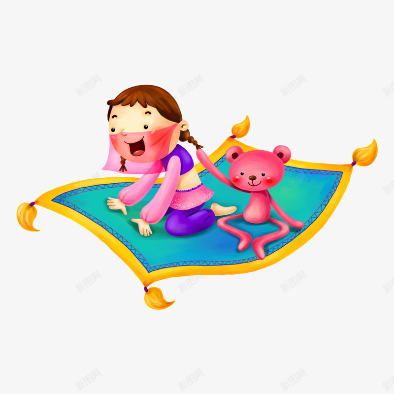 飞毯女孩png免抠素材_新图网 https://ixintu.com 卡通 印度女孩 小熊 手绘 粉红色的 面纱 飞毯