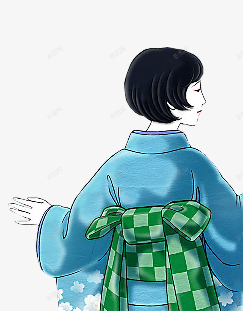 手绘和服少女插图png免抠素材_新图网 https://ixintu.com 侧脸 和服少女 展开双手 日本 绿色 蓝色 蘑菇头 蝴蝶结