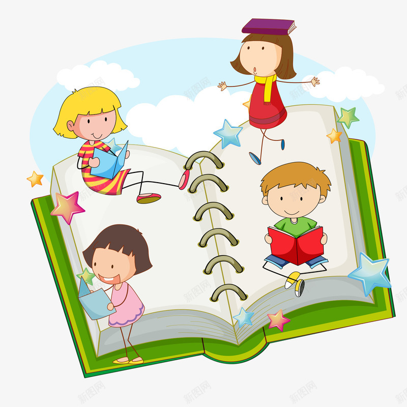 书本上的孩子们png免抠素材_新图网 https://ixintu.com 卡通 学习 学校 孩童 手绘 教育机构 读书 阅读